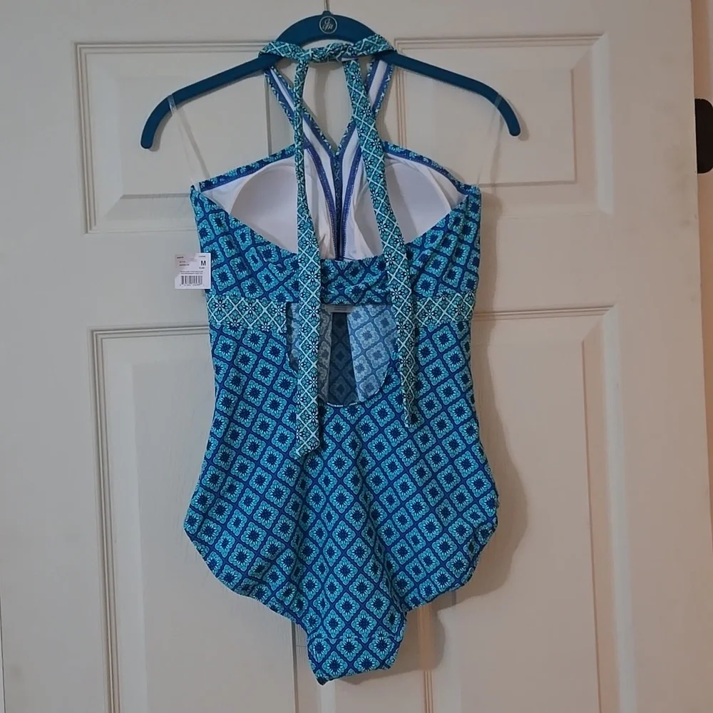 NWT Motherhood Maternity Blue Patterned Halter One-Piece Swimsuit - Picture 4 of 9